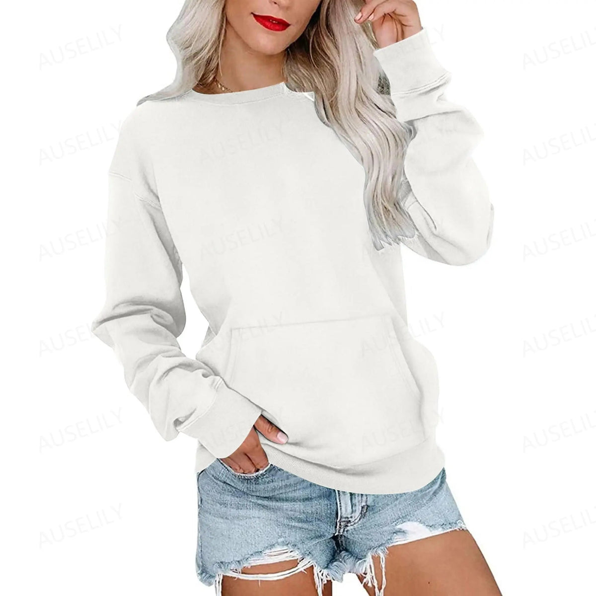 Women's Oversized Crewneck Sweatshirt with Kangaroo Pocket | Soft Fleece Pullover Casual Long Sleeve Top