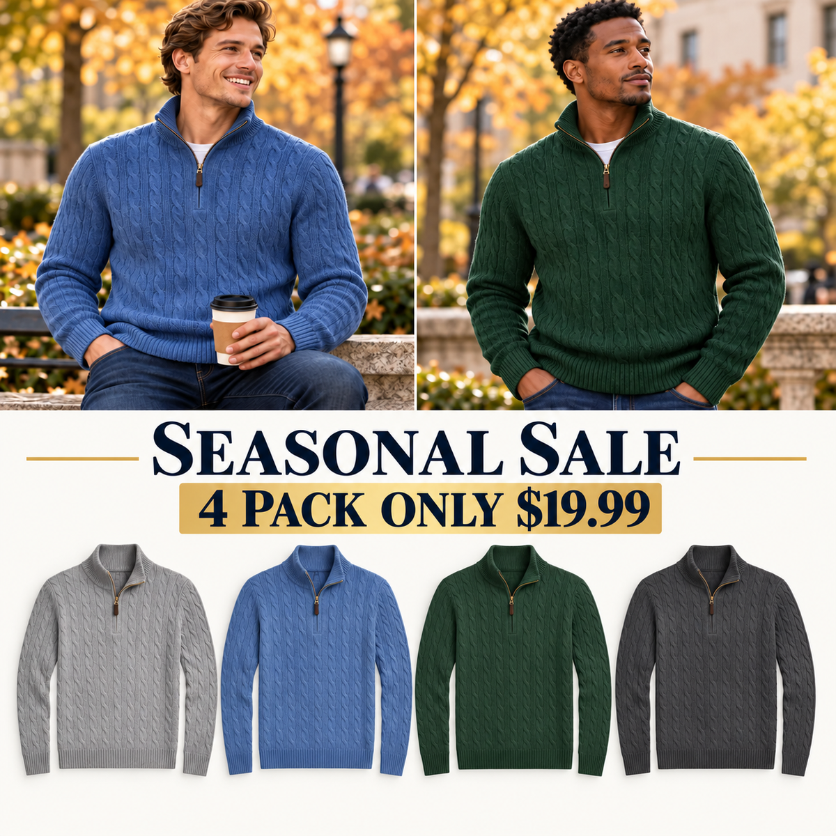 Men's Cable Knit Quarter Zip Sweater, Classic Long Sleeve Pullover with Ribbed Collar