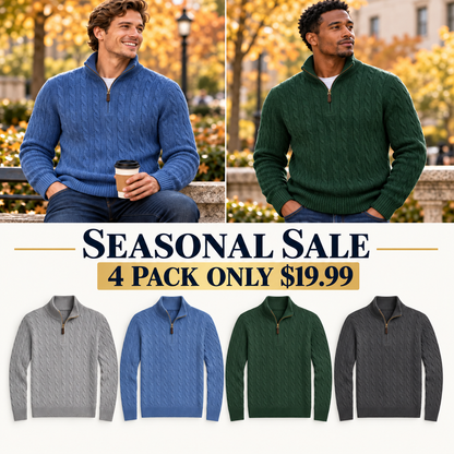 Men's Cable Knit Quarter Zip Sweater, Classic Long Sleeve Pullover with Ribbed Collar