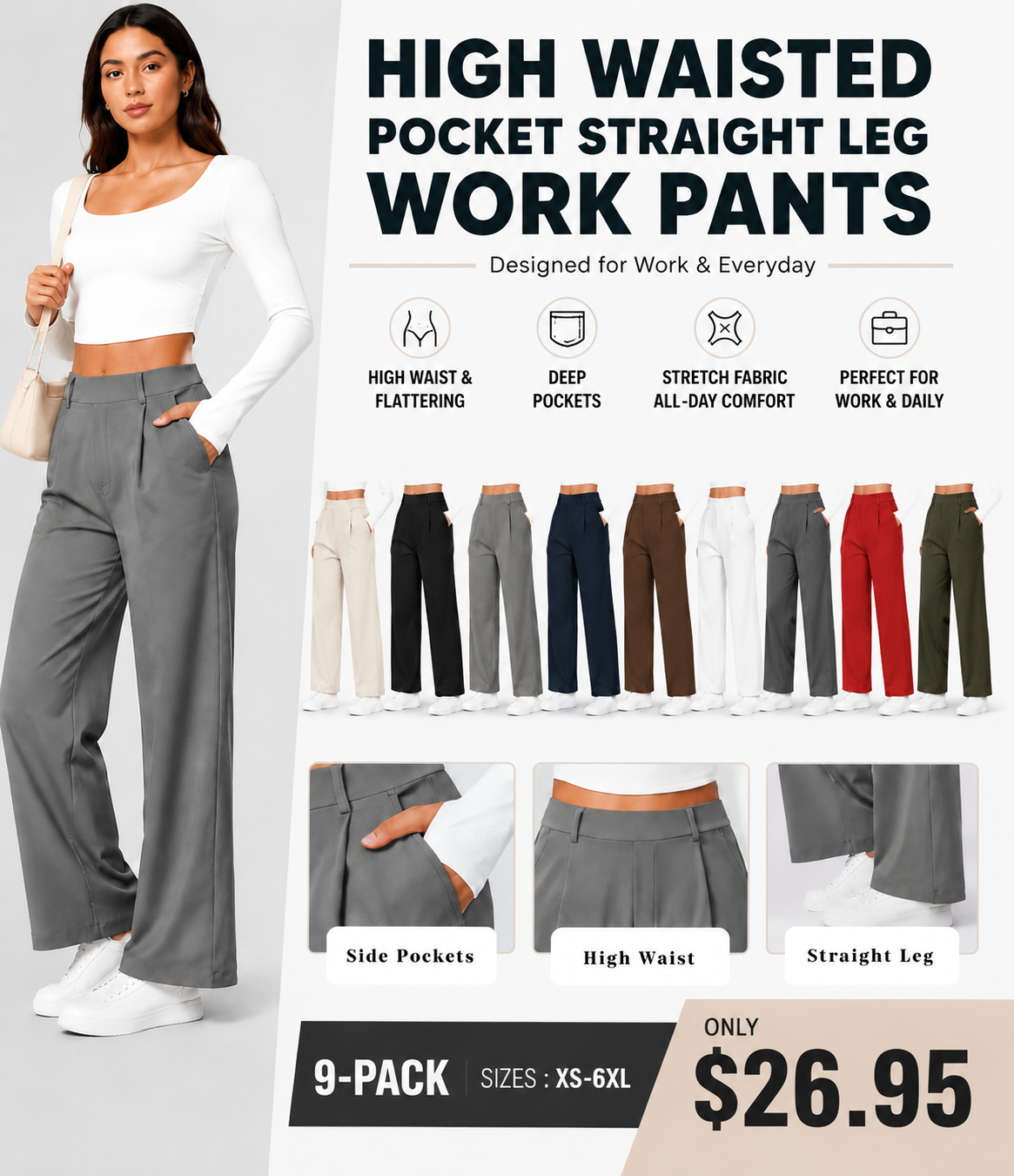 High Waisted Pocket Straight Leg Work Pants