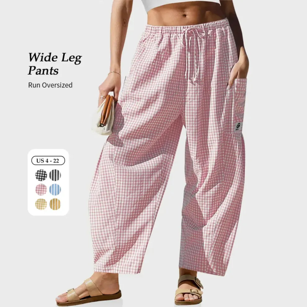 Womens Wide Leg Gingham Striped Plaid Pants