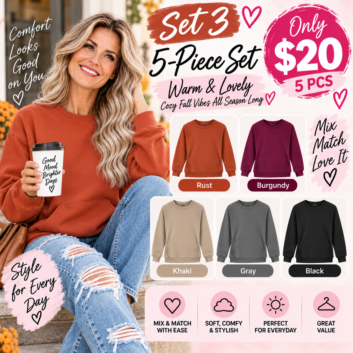 Women's Oversized Crewneck Sweatshirt with Kangaroo Pocket | Soft Fleece Pullover Casual Long Sleeve Top