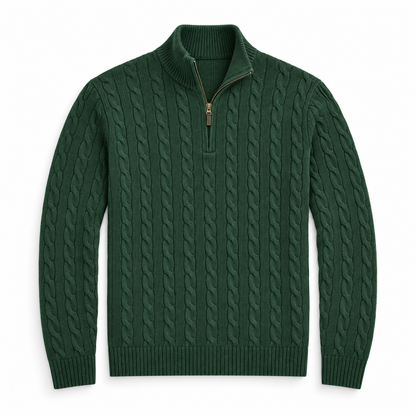 Men's Cable Knit Quarter Zip Sweater, Classic Long Sleeve Pullover with Ribbed Collar