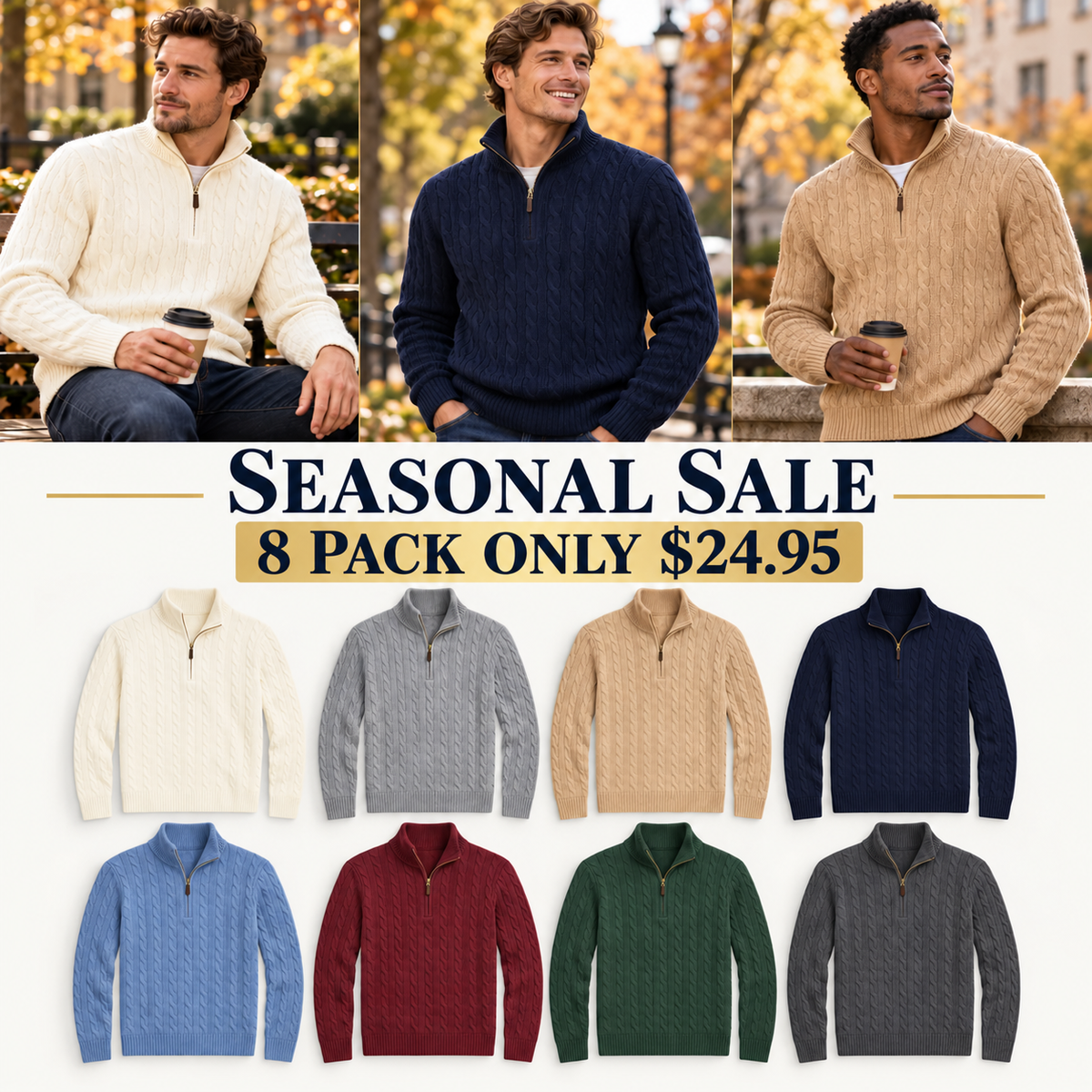 Men's Cable Knit Quarter Zip Sweater, Classic Long Sleeve Pullover with Ribbed Collar