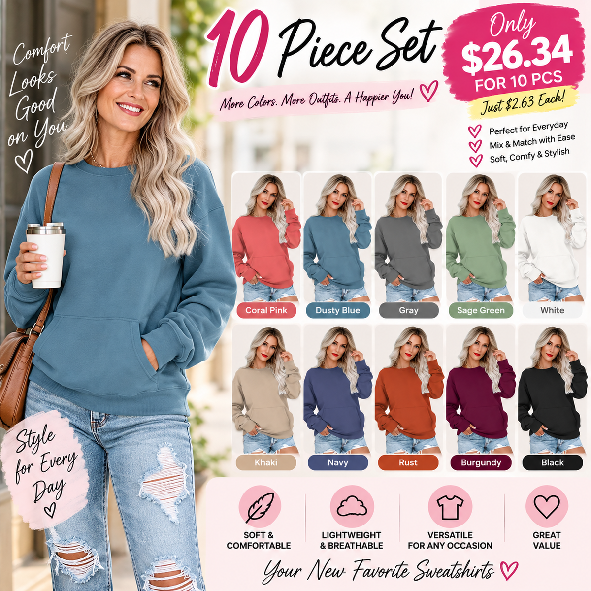 Women's Oversized Crewneck Sweatshirt with Kangaroo Pocket | Soft Fleece Pullover Casual Long Sleeve Top