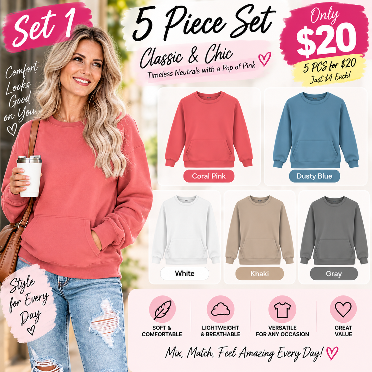 Women's Oversized Crewneck Sweatshirt with Kangaroo Pocket | Soft Fleece Pullover Casual Long Sleeve Top