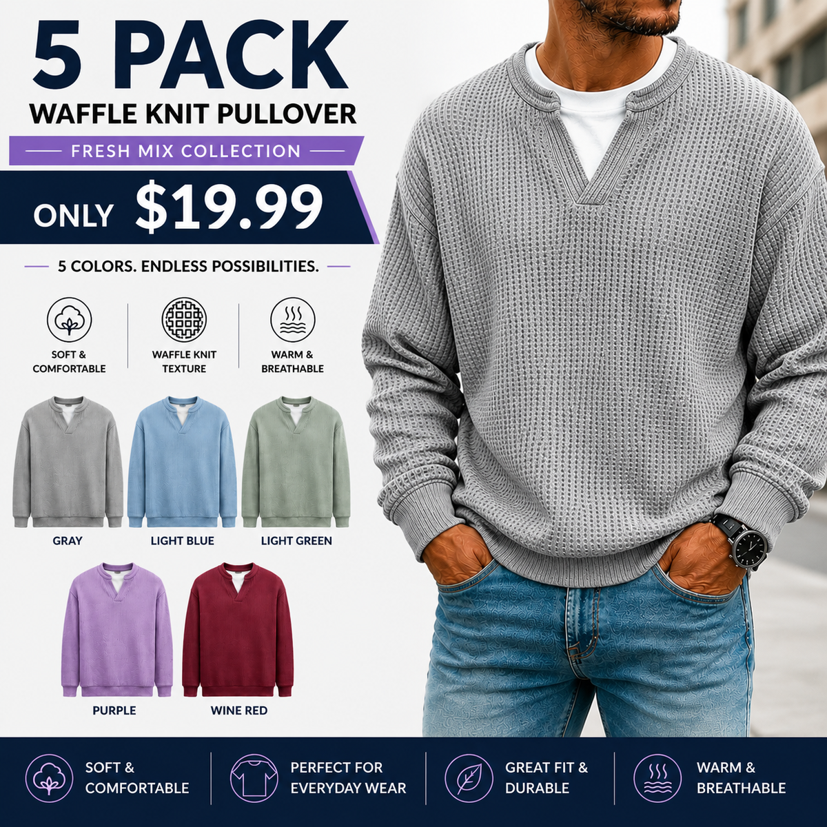 Men's Layered Comfort Waffle Knit Pullover Soft Thermal Long Sleeve Sweater