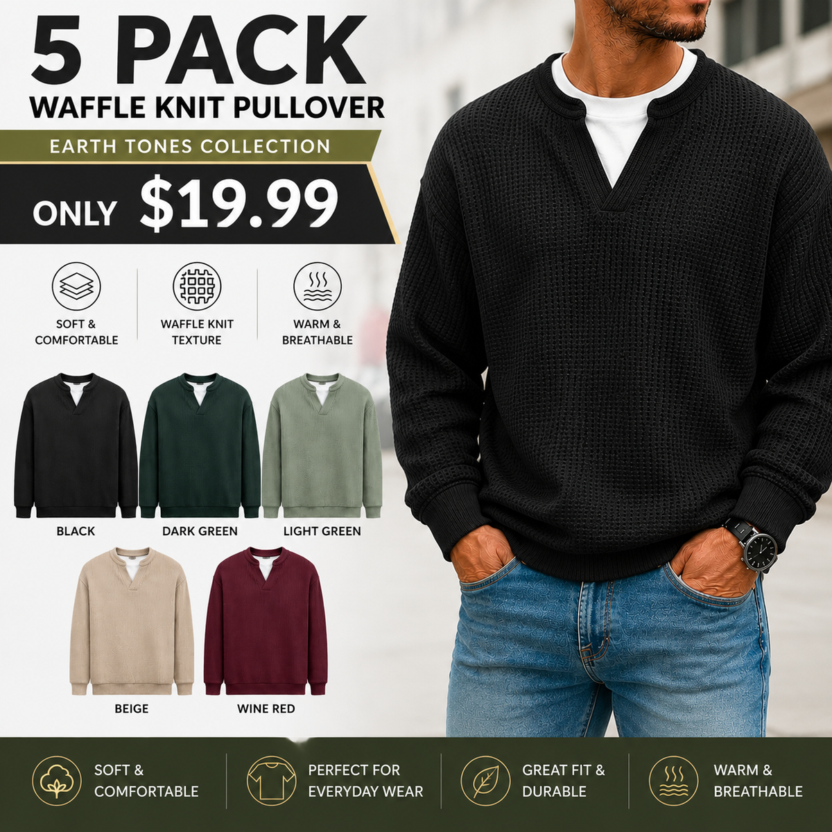 Men's Layered Comfort Waffle Knit Pullover Soft Thermal Long Sleeve Sweater