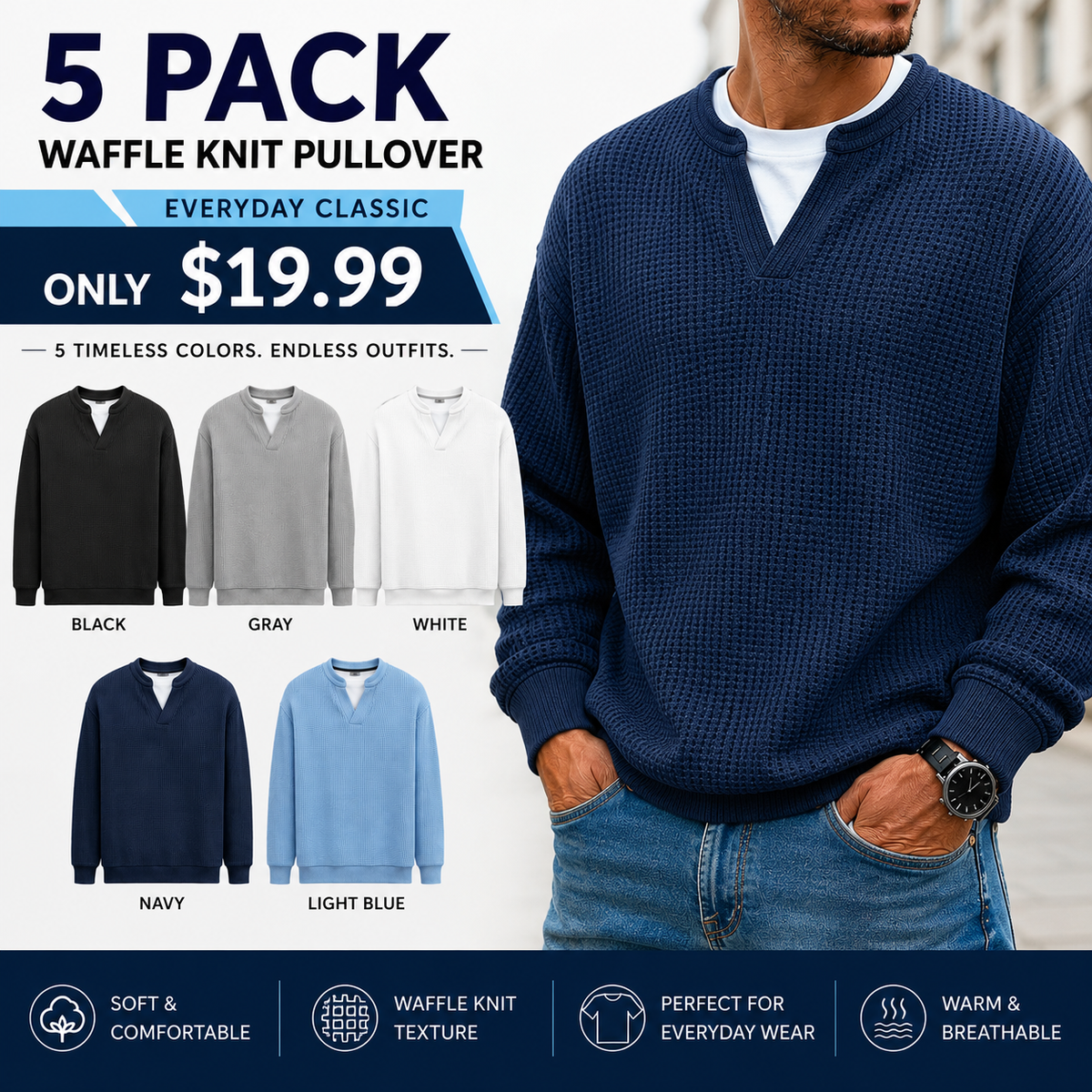 Men's Layered Comfort Waffle Knit Pullover Soft Thermal Long Sleeve Sweater