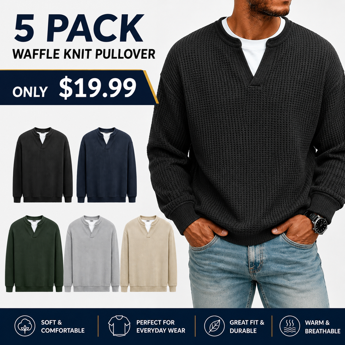 Men's Layered Comfort Waffle Knit Pullover Soft Thermal Long Sleeve Sweater