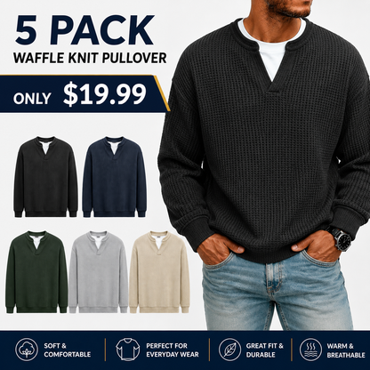 Men's Layered Comfort Waffle Knit Pullover Soft Thermal Long Sleeve Sweater