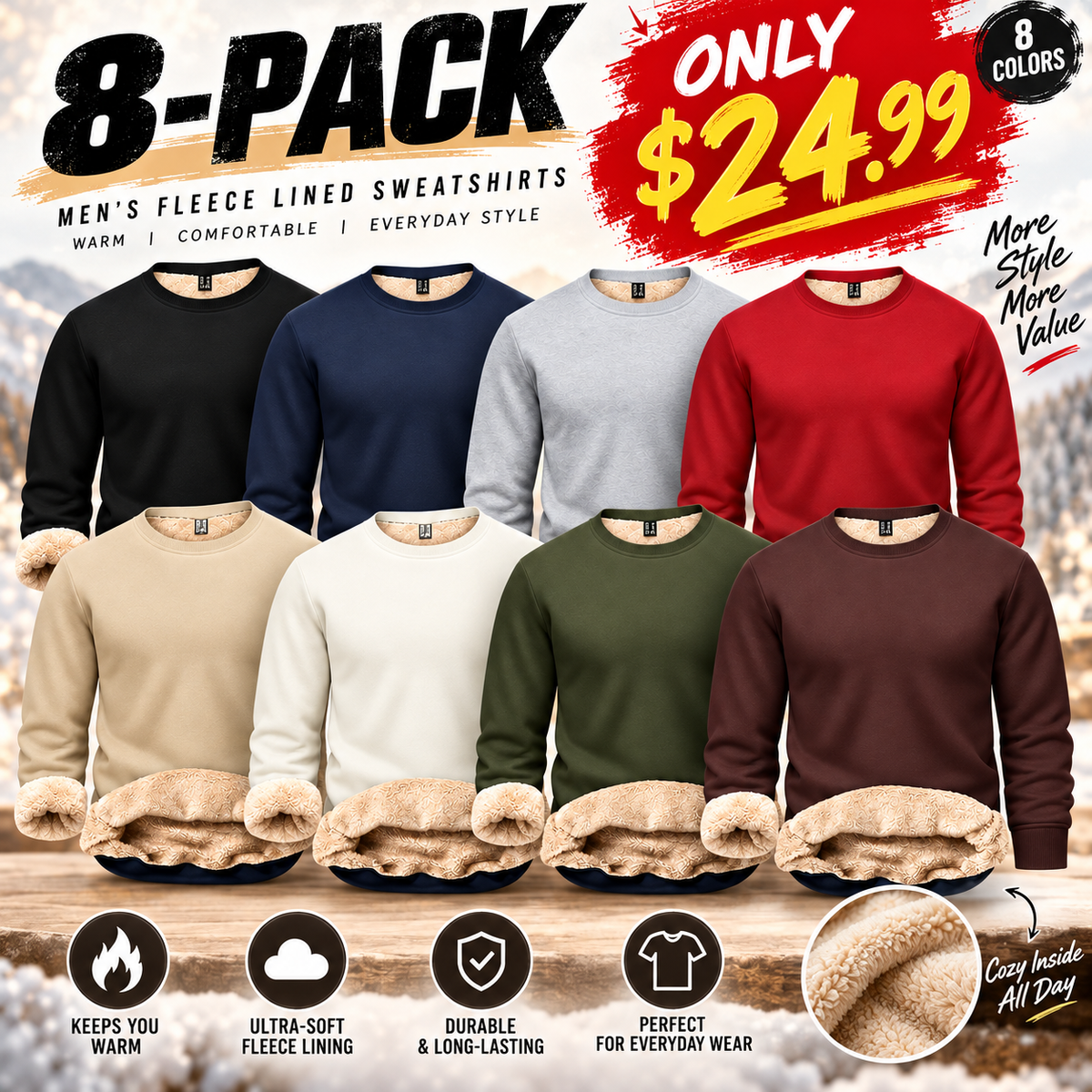 🔥 BESTSELLER | 8PCS $24.99 |Men's Fitted Crewneck Fleece Lined Sweatshirt, Wind Resistant Polyester Athletic Pullover, Casual Fashion Active Tops