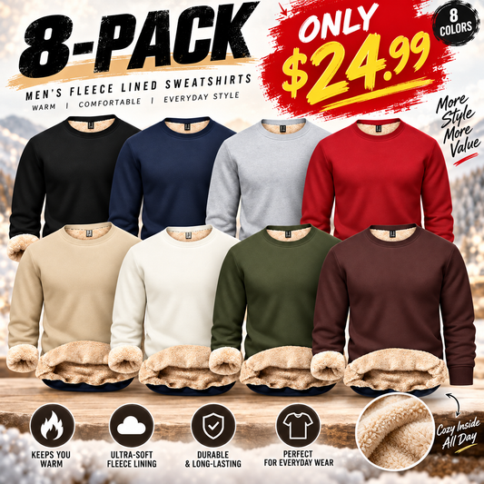🔥 BESTSELLER | 8PCS $24.99 |Men's Fitted Crewneck Fleece Lined Sweatshirt, Wind Resistant Polyester Athletic Pullover, Casual Fashion Active Tops