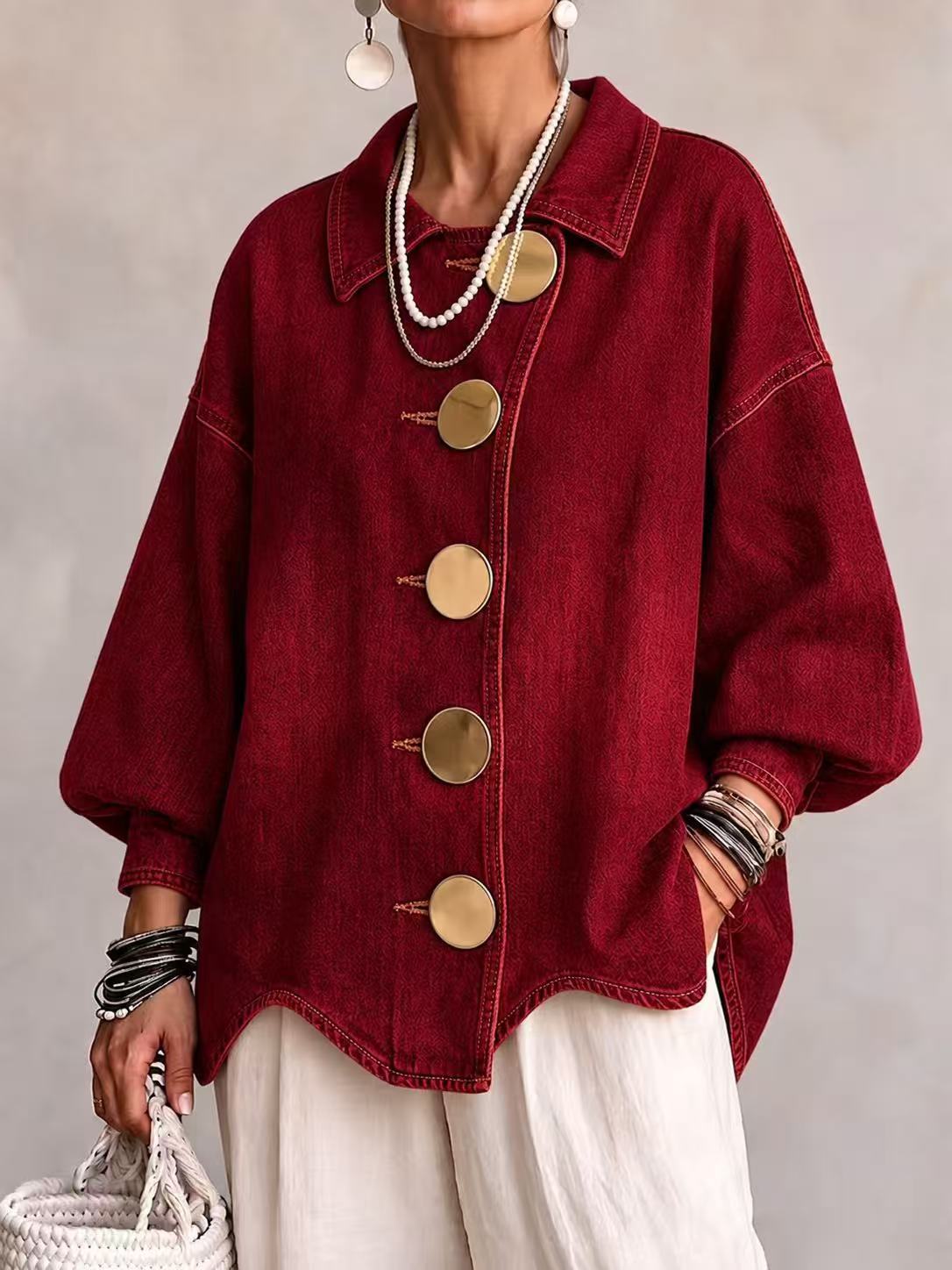 Collared Oversized Denim Jacket With Large Metal Buttons