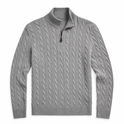 Men's Cable Knit Quarter Zip Sweater, Classic Long Sleeve Pullover with Ribbed Collar