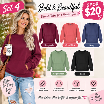 Women's Oversized Crewneck Sweatshirt with Kangaroo Pocket | Soft Fleece Pullover Casual Long Sleeve Top