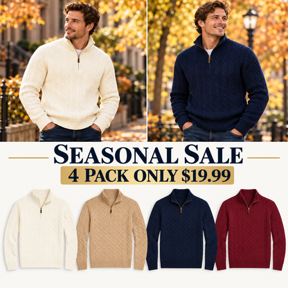 Men's Cable Knit Quarter Zip Sweater, Classic Long Sleeve Pullover with Ribbed Collar