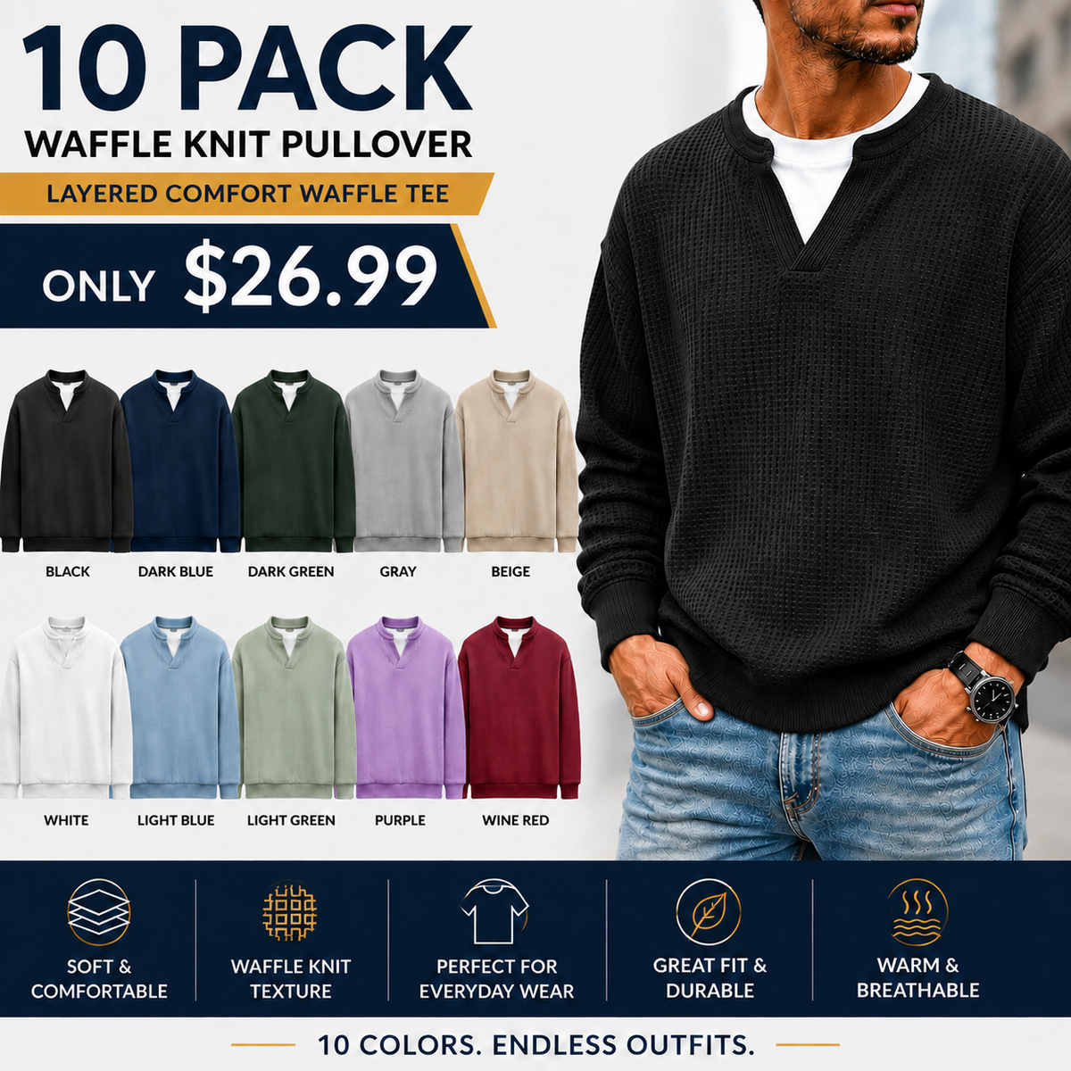 Men's Layered Comfort Waffle Knit Pullover Soft Thermal Long Sleeve Sweater