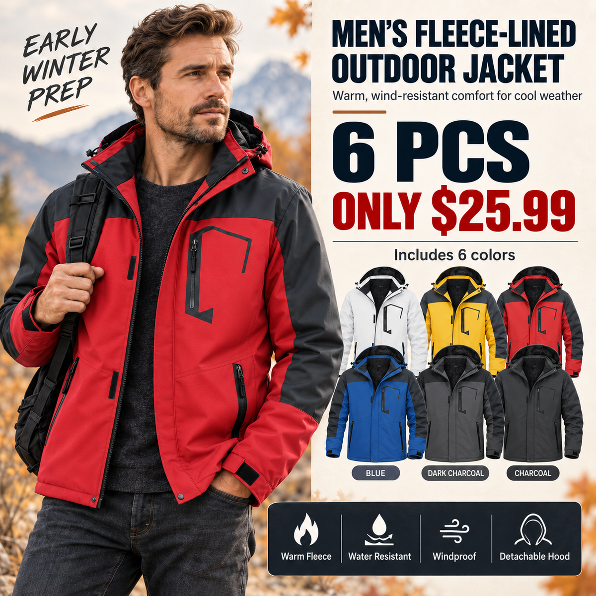 🔥 BESTSELLER | 6PCS $25.99 | Men's Fleece-Lined Outdoor Jacket
