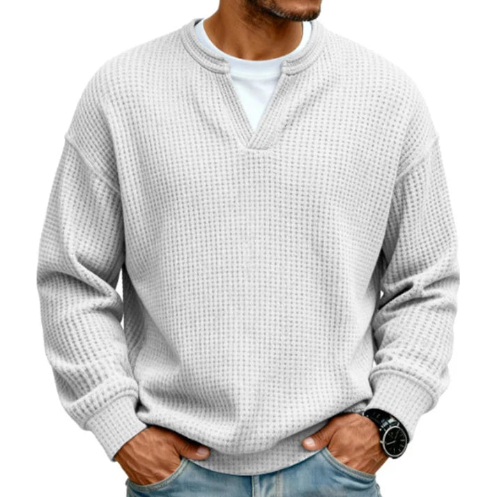 Men's Layered Comfort Waffle Knit Pullover Soft Thermal Long Sleeve Sweater