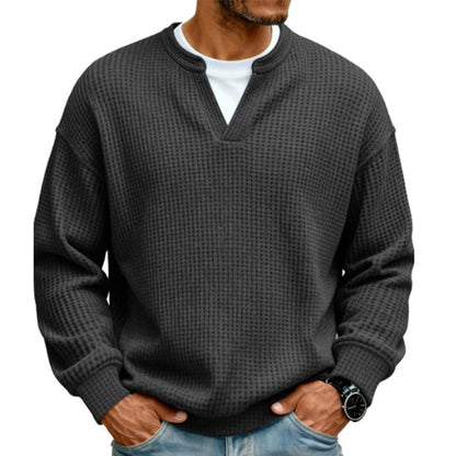 Men's Layered Comfort Waffle Knit Pullover Soft Thermal Long Sleeve Sweater