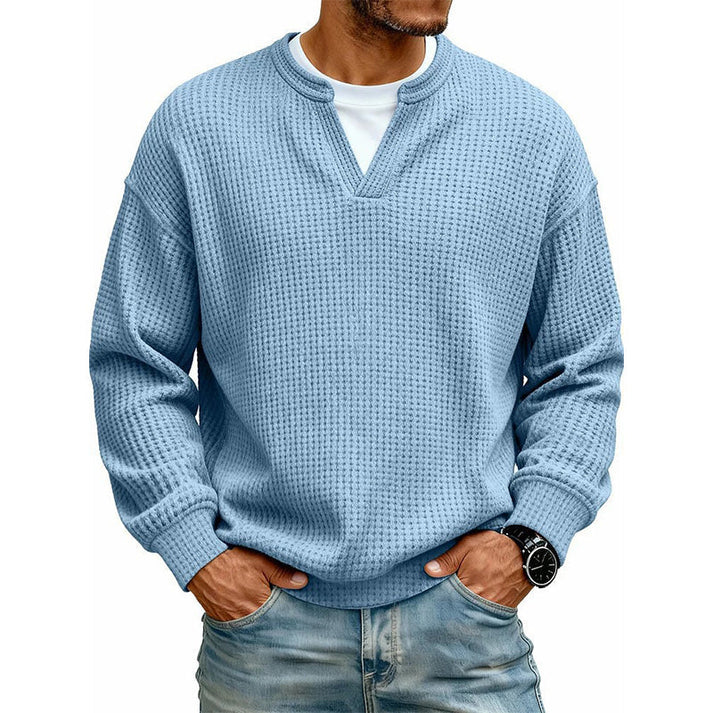 Men's Layered Comfort Waffle Knit Pullover Soft Thermal Long Sleeve Sweater