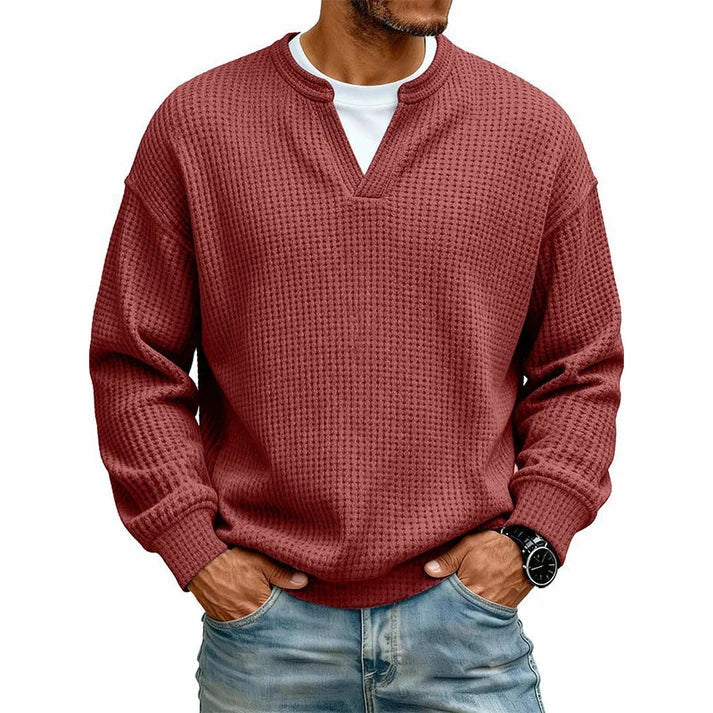 Men's Layered Comfort Waffle Knit Pullover Soft Thermal Long Sleeve Sweater